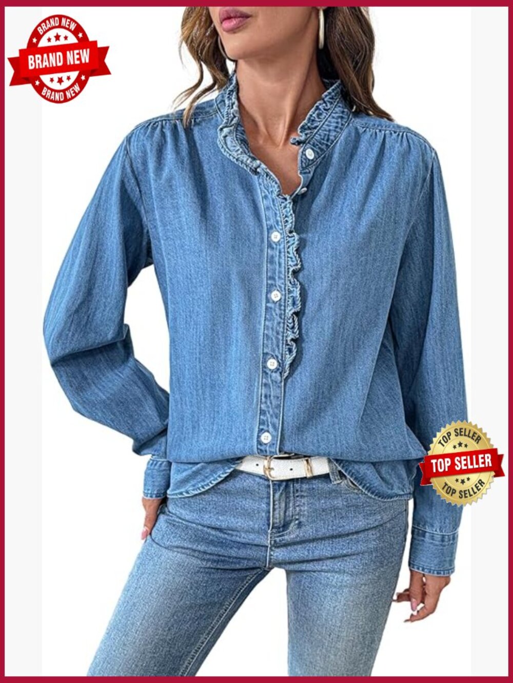 Denim Button Down Shirt Long Sleeve Ruffled Edge Blouse Top